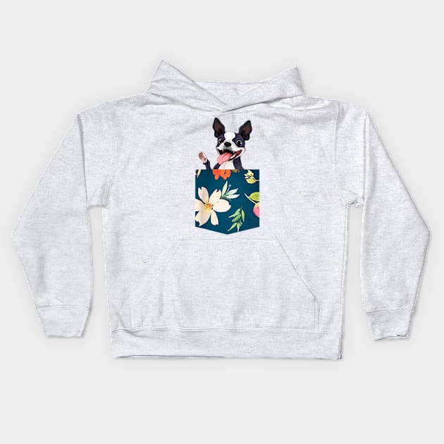 Boston Terrier In Floral Pocket Kids Hoodie by Pretr=ty